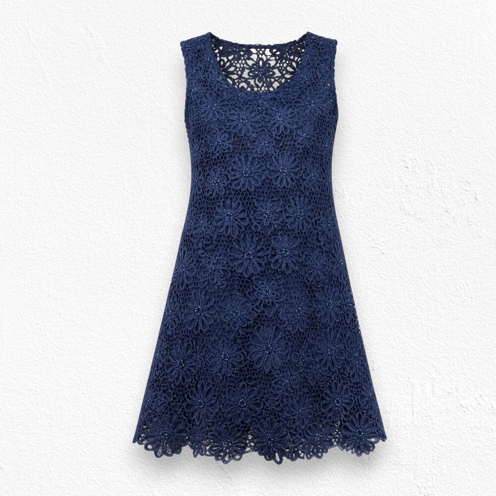 Moschino Cheap Chic Navy Beaded Floral Crochet Mohair Blend Shift Dress Size 12